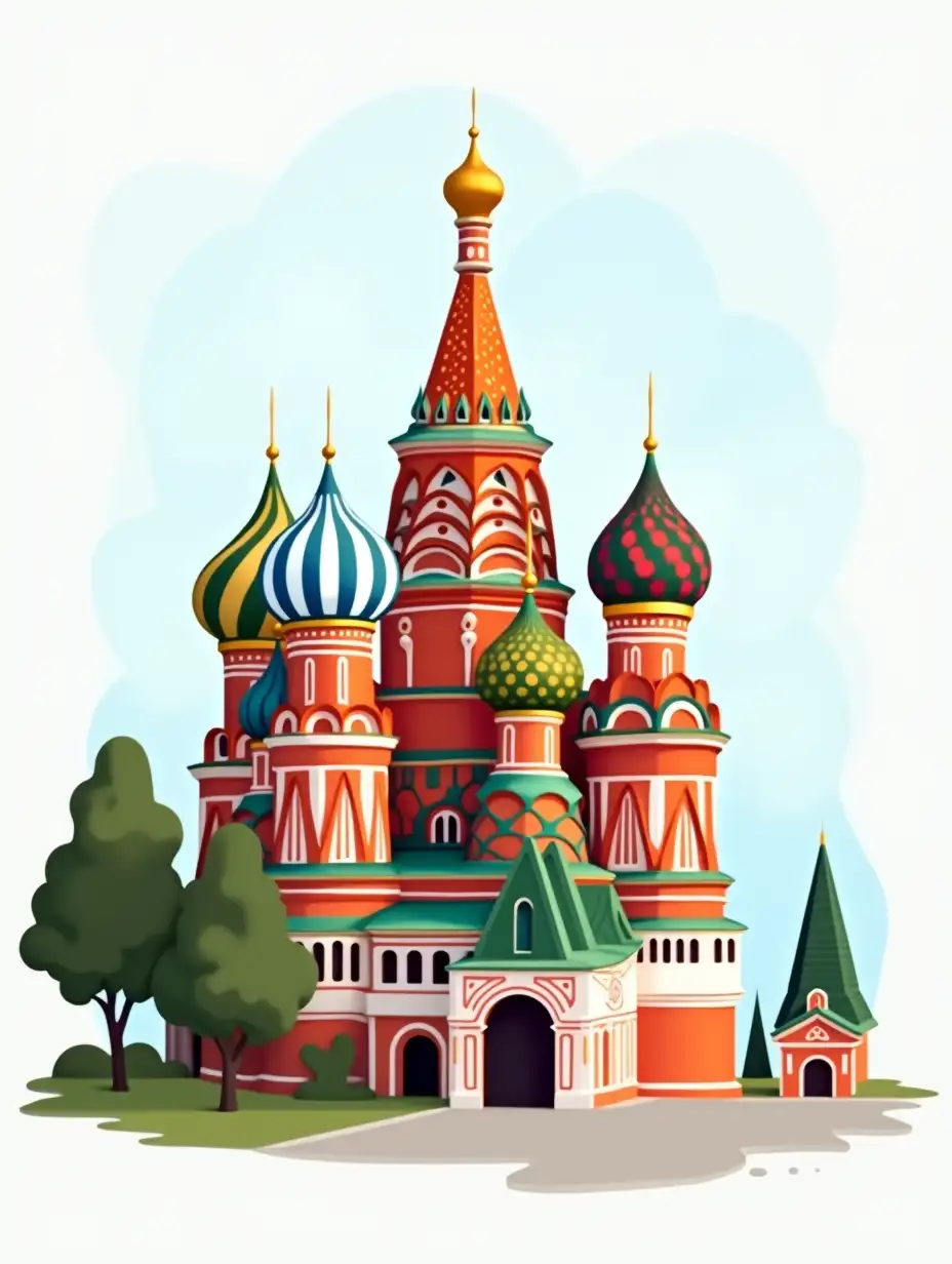 Create an icon of Moscow's landmark: Saint Basil's Cathedral. Background as in real life, with the scenery behind the cathedral. The icon should be minimalistic style and hand-drawn. It should be realistic/cartoonish. In a soothing color palette. The icon's style should resemble the national style of Kazakhstan