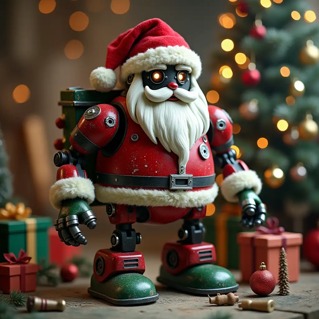 a robot in the form of santa claus, with a welding apparatus, on a backdrop of christmas toys