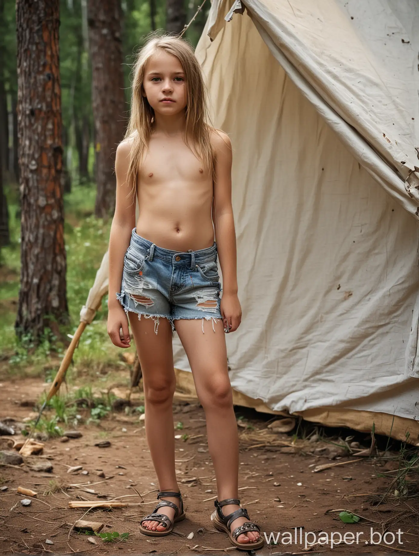 beautiful Russian girl 10 years old wearing only tattered shorts and sandals near a tent, forest, people on the background, full length, dynamic poses, hiding from people, side view, dynamics