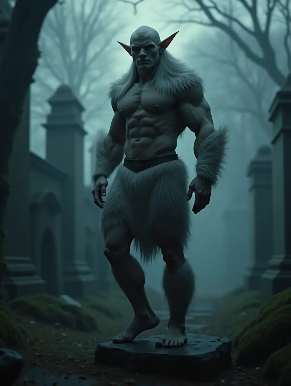 A powerful and beautiful athletic 20 year old Elf, with bulging six pack abs and pecs, his body covered in silky fur and his shiny skin, standing with a foot on a tombstone in a misty cemetery of a ruined abbey by night, full frame, realistic photography, high precision and 4K definition.