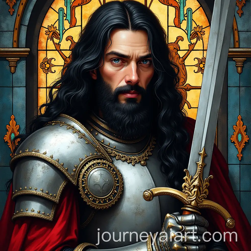 Spanish-Warrior-with-Sword-in-Stained-Glass-Armor-Design