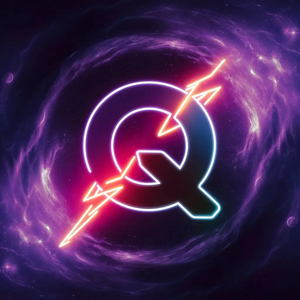 Neon-Q-Symbol-on-Purple-and-Dark-Blue-Space-Background-with-Lightning-Stroke