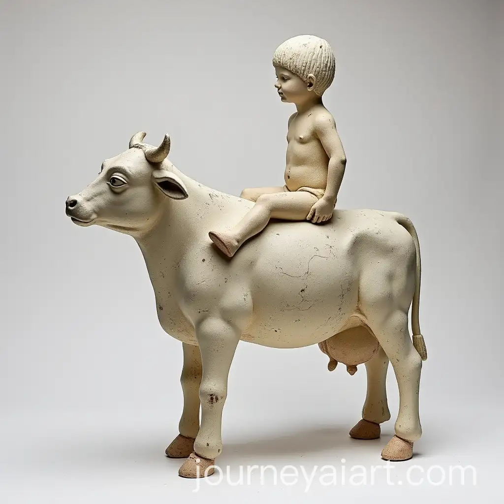 200YearOld-Modern-Terracotta-Sculpture-of-Boy-on-Cow-in-Whitewash-and-Painted-Details