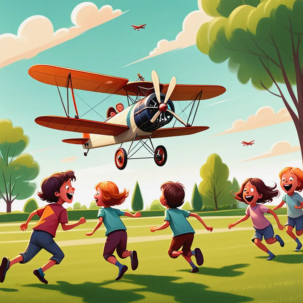 Children-Chasing-Biplane-Taking-Off-on-a-Lawn-in-Cartoon-Style