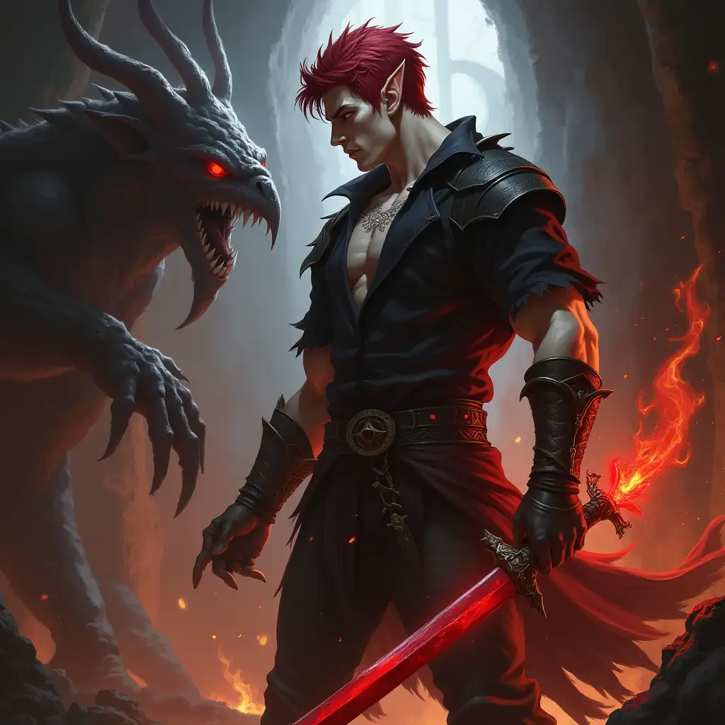 Muscular Male Blood Elf Warrior Battling a Shadow Monster in a Dungeon