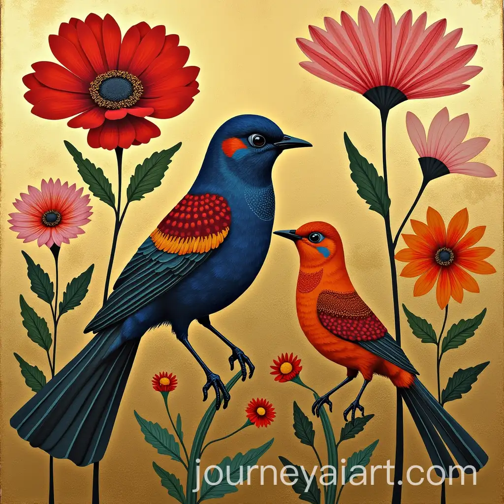 Frida-Kahlo-Inspired-Artwork-with-Flowers-Birds-and-Gold-Accents