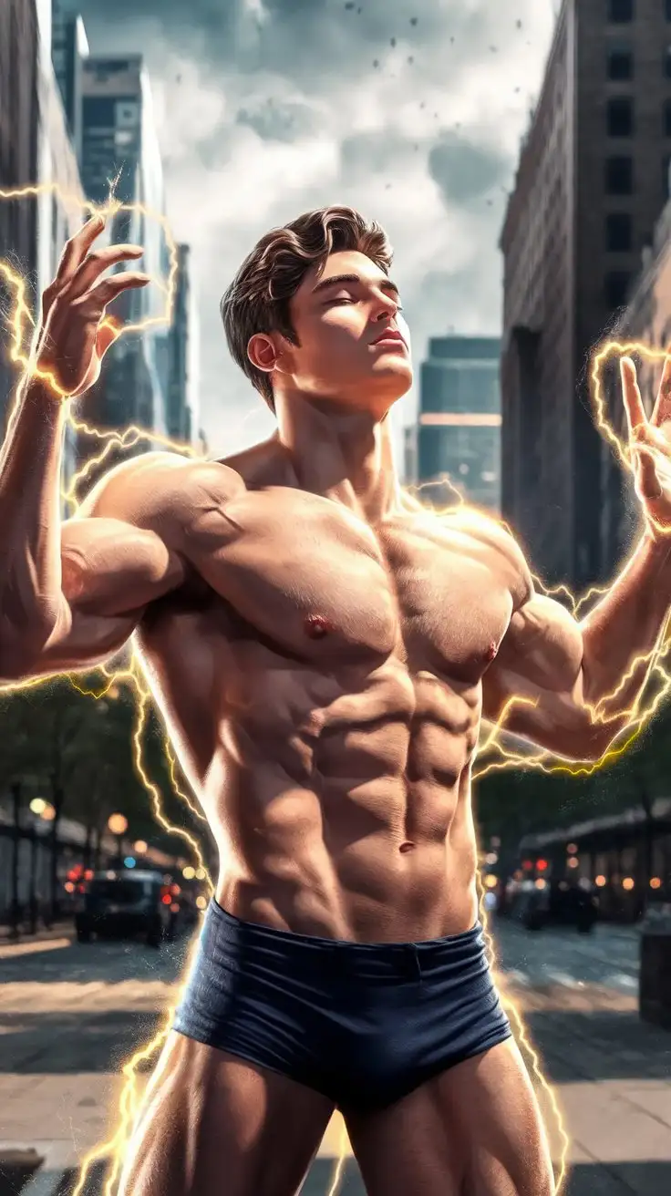 Supercharged brawn. Herculean powers. Golden electric glow. 19 years old. Contemplating destiny. Photorealistic.