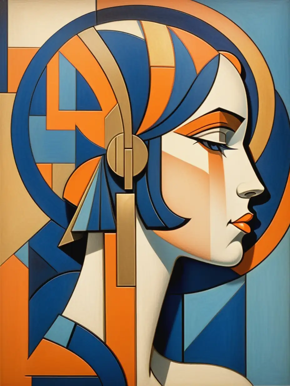 Art Deco Cubist Portrait of a Woman in Blue Orange and Gold