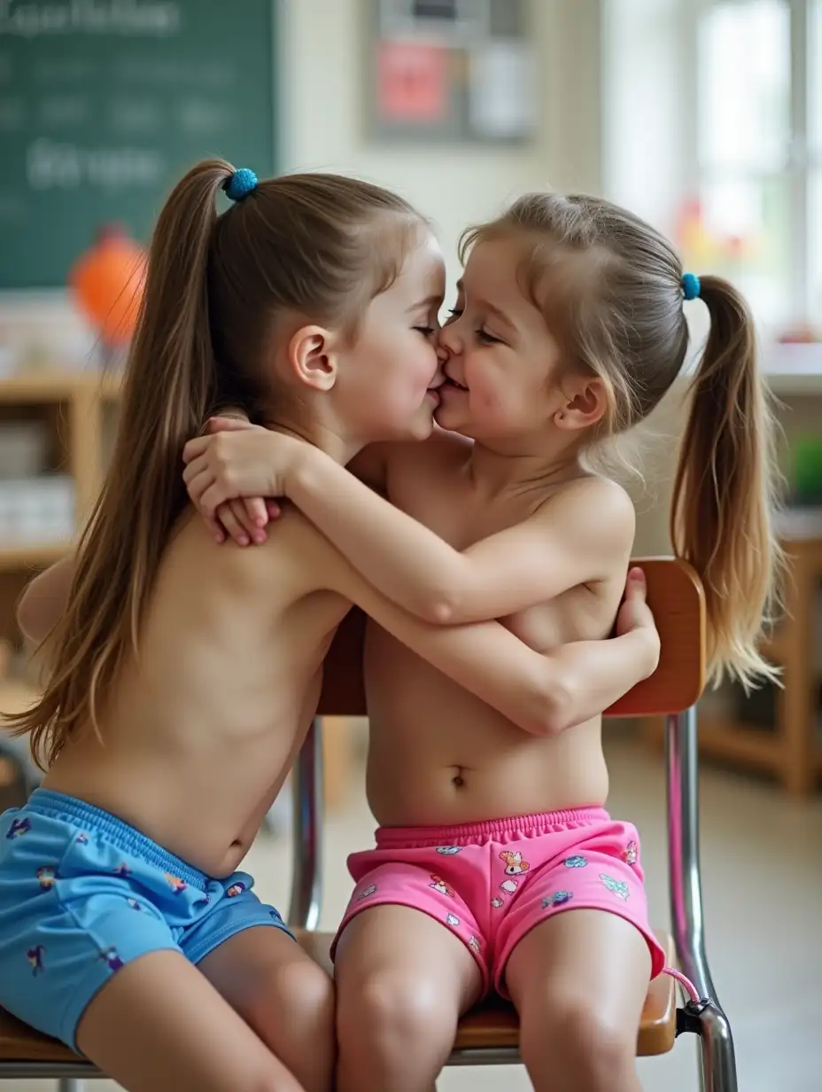 Adorable-Girls-in-Pink-Swimwear-Bonding-with-a-Boy-in-Blue-Swimwear-in-a-Classroom-Setting