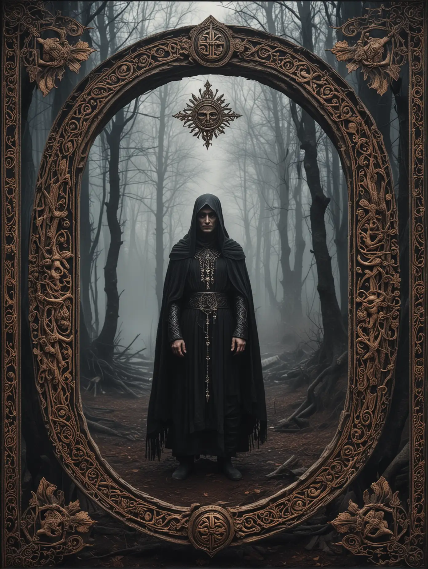 Create an image in the style of Slavic tarot cards on the theme of "Darkness."

**Main Scene:**
- Illustrate a mystical and foreboding scene representing darkness. The setting should be a shadowy, ancient forest or a cavern with eerie, dim lighting. Incorporate elements like twisted trees, fog, and shadowy figures to create an atmosphere of ominous mystery.

**Slavic Elements:**
- Integrate traditional Slavic symbols associated with the underworld or dark forces, such as the symbol of the Black Sun or motifs linked to the Slavic god of darkness, Chernobog. These symbols can be subtly woven into the environment or used as part of the dark elements in the scene.

**Characters:**
- Depict figures from Slavic mythology associated with darkness or the underworld, such as spirits of the dead or dark deities. These figures should be enigmatic and shrouded in shadows, adding to the theme of darkness and mystery.

**Decor:**
- Frame the image with an ornate border inspired by traditional Slavic designs. Include intricate patterns such as runes, floral motifs, and geometric shapes that enhance the tarot card aesthetic. The border should be detailed and complement the central dark scene, creating a cohesive and visually striking design.

**Color Palette:**
- Utilize dark and muted colors such as deep blacks, grays, dark purples, and dark blues. Accents of faint, ghostly light or subdued reds can be used to create highlights and add to the overall eerie atmosphere.

Create a visually striking and atmospheric image with a detailed ornamental border that captures the essence of darkness through Slavic mythological elements, focusing on mood, symbolism, and a sense of foreboding.
