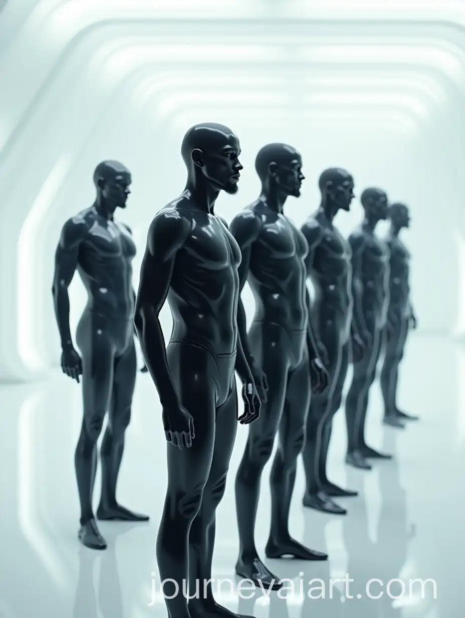 Futuristic-Man-Lineup-in-Glossy-White-Setting