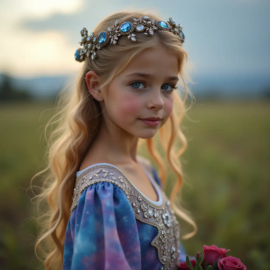 Image of an Iranian girl with blue eyes and a galactic wedding dress in a beautiful farm