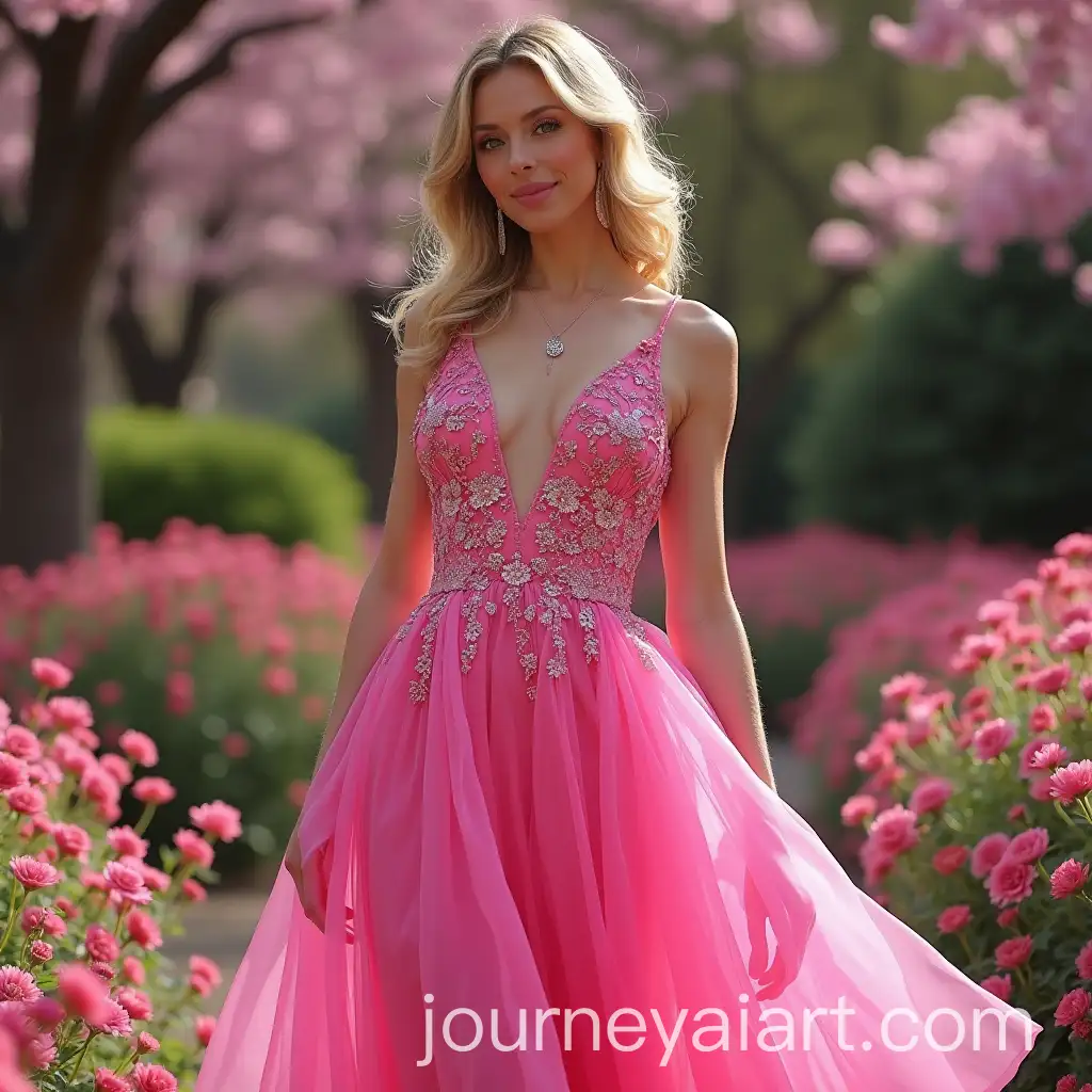 Celine-Dion-in-a-Gorgeous-Pink-Dress-in-a-Spring-Setting