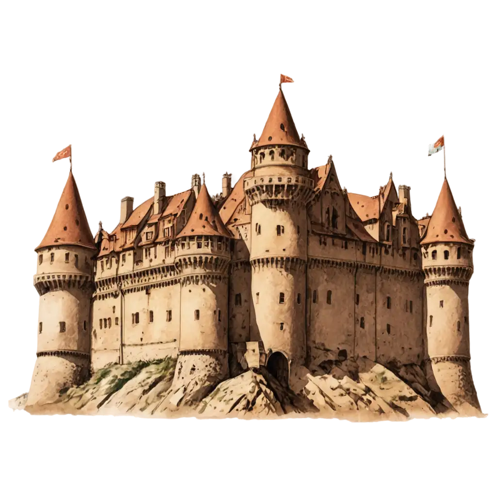 Ancient-Castle-Illustration-PNG-with-Flags-in-Brown-Shades-Ideal-for-Creative-Projects