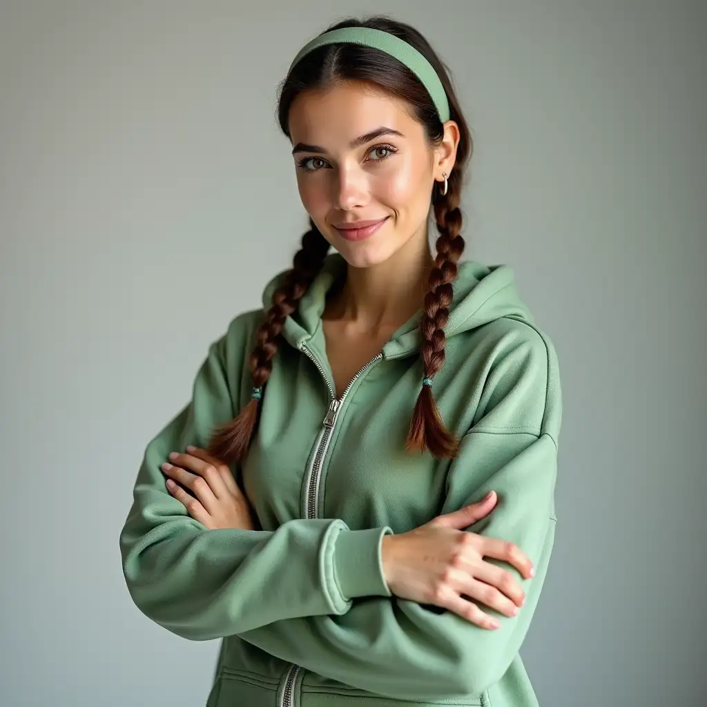 CloseUp of Confident Female Model in Basil Cropped Hoodie