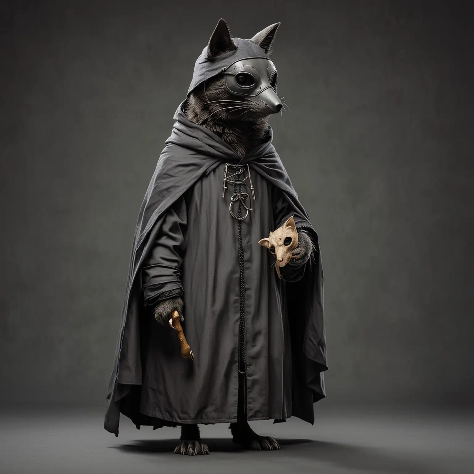 Plague Doctor Cat in Dark Gray Robe and Mask