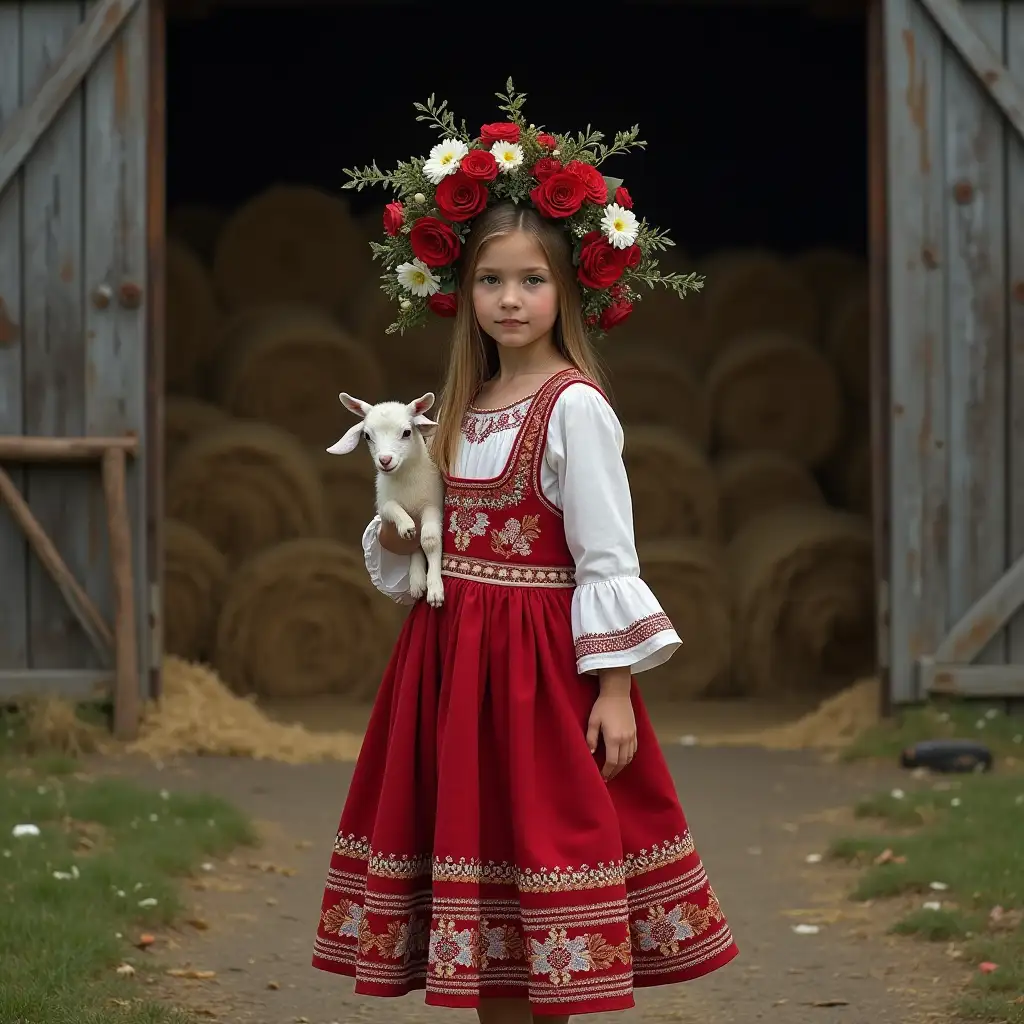 Ukrainian-Girl-in-Traditional-Embroidered-Clothing-Holding-a-White-Goat-in-Front-of-a-Barn