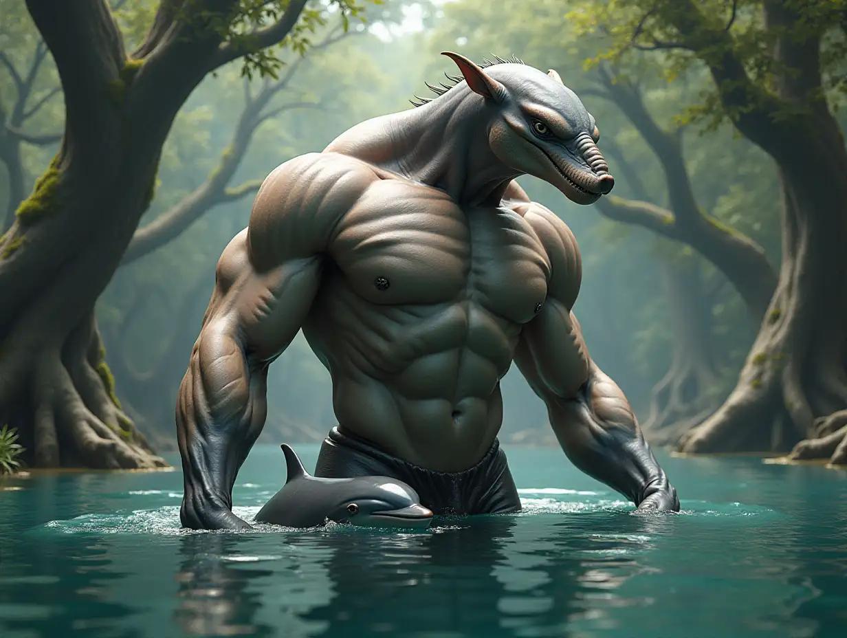 A very detailed photo. A full body representation of an animal-hybrid bodybuilder with Delphini and Delphin in a lake with very large trees