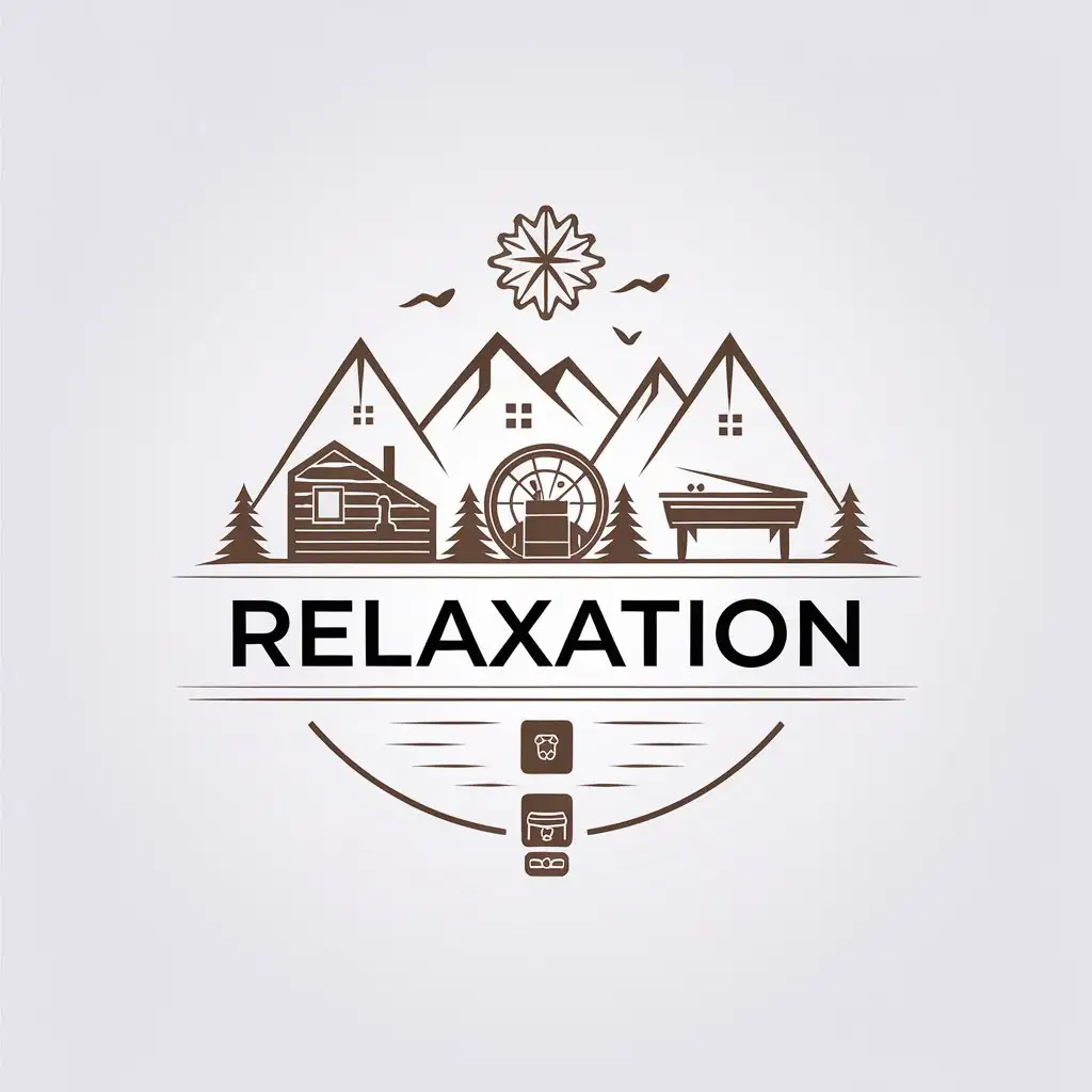 a vector logo design,with the text "Relaxation", main symbol:Villa , sauna , billiards . Mountains , nature ,Minimalistic,be used in Travel industry,clear background