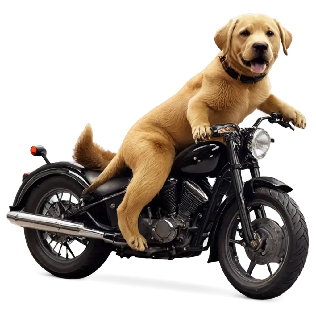 Labrador riding a motorcycle with a beaver