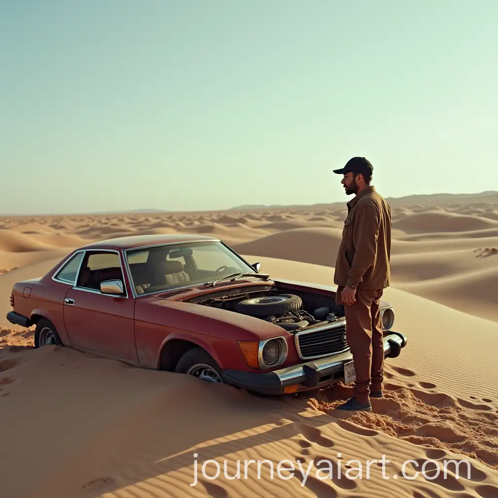 Man-Stranded-in-the-Desert-with-Broken-Down-Car