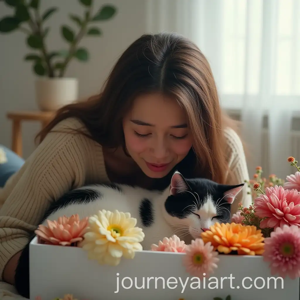 Grieving-Young-Woman-Holding-Her-Beloved-Cat-Amidst-Colorful-Flowers