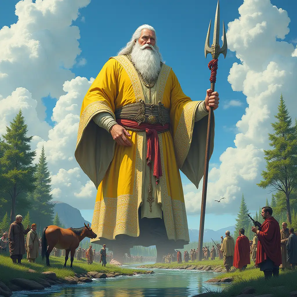 Mega steintitan,15 meters tall old-fashioned,with a yellow-white patterned robe,long white beard with braid by the river,plants,trees,spear,horses,blue sky,strong clouds with many people