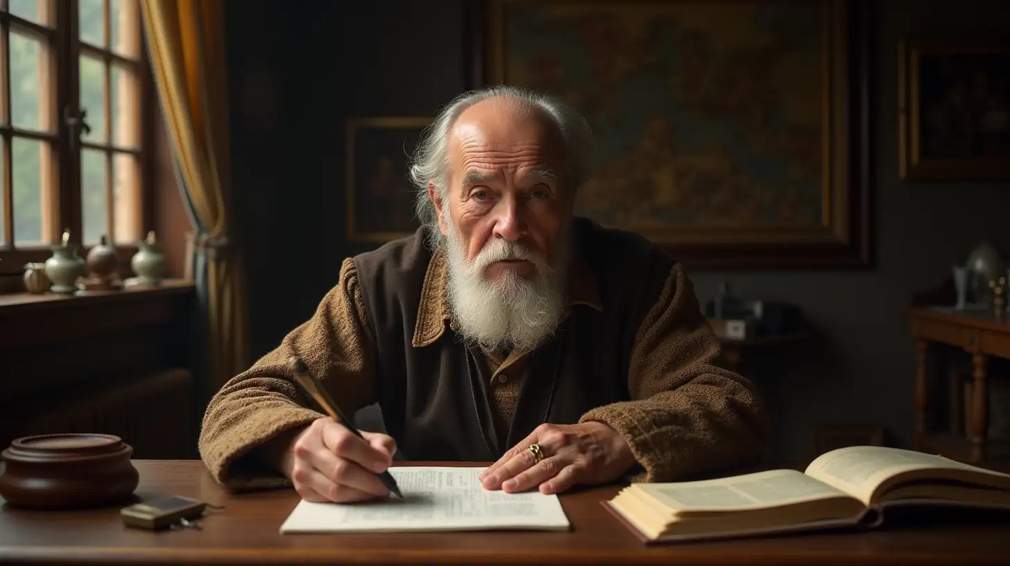 Wise Old Man Composing a Timeless Fable at His Writing Desk