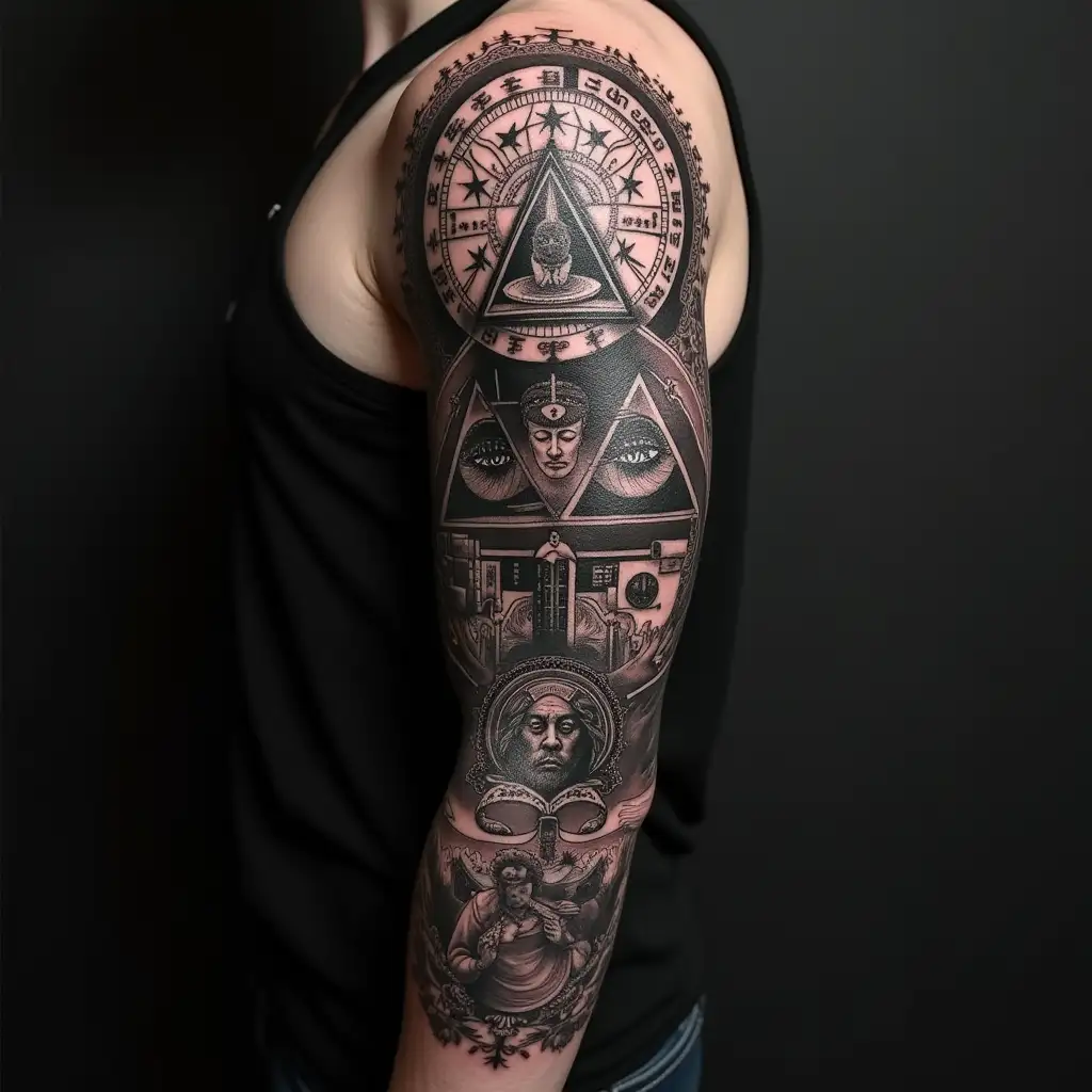 Intricate-Black-Ink-Tattoo-Sleeve-Depicting-Illuminati-Collage