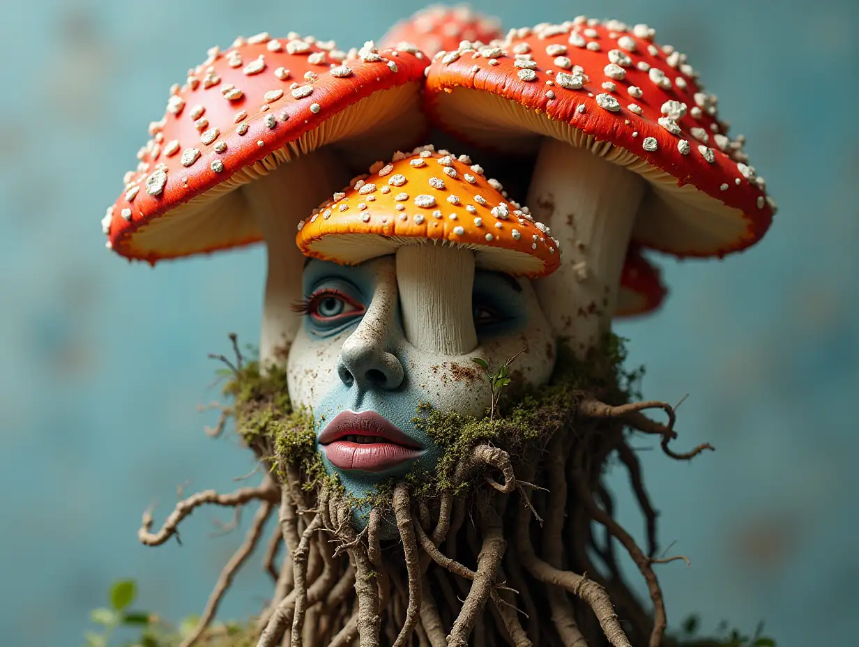 Face with colorful mushroom in mouth roots transformed into building