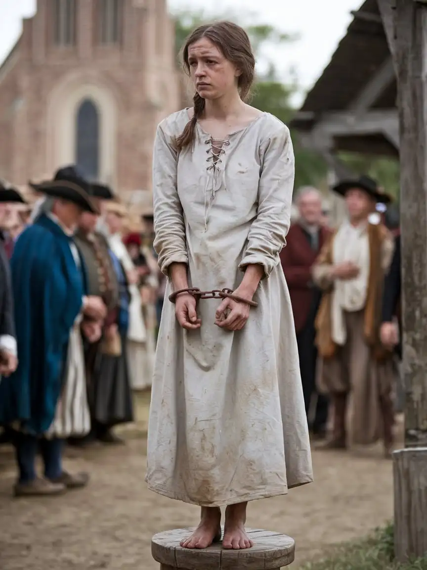 Sad Woman in Rusty Shackles at 1700s Texas Village Church