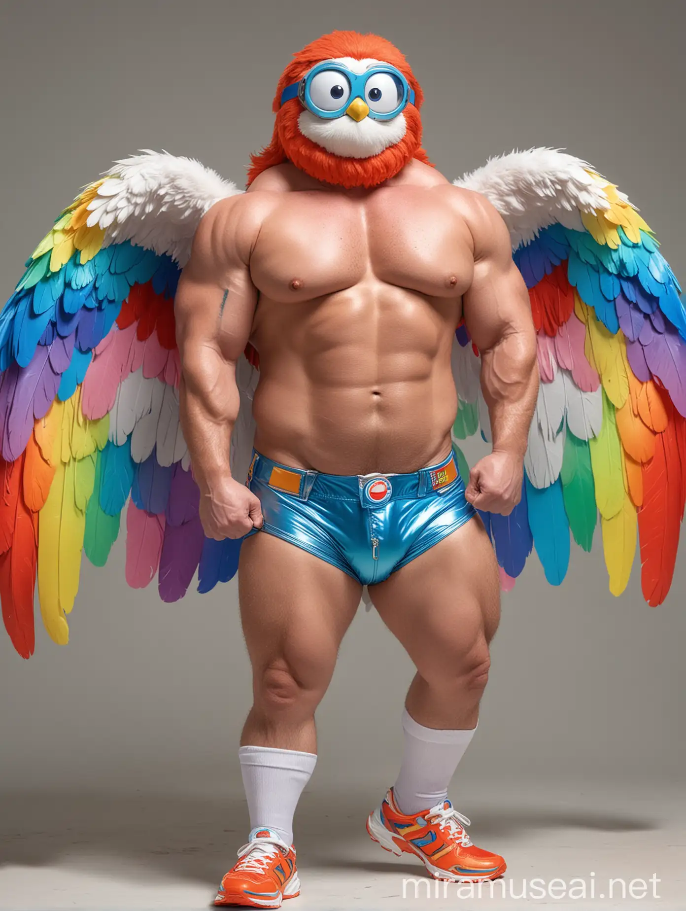 Colorful Bodybuilder Flexing with Rainbow Wings Jacket and Doraemon Goggles