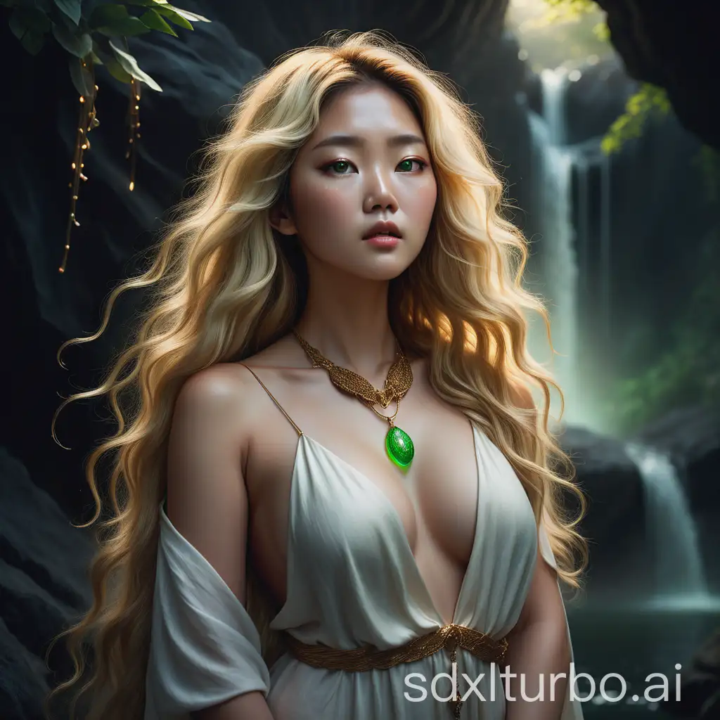 In this enchanting dark fantasy portrait, a voluptuous Korean woman stands tall with a contemplative expression. Her green eyes sparkle with an otherworldly glow, while her long, wavy blonde hair cascades down her back like a golden waterfall. Her fair complexion, adorned with delicate freckles, exudes a unique and ethereal beauty. She is dressed in a white two-piece satin dress with a deep neckline, complemented by linen elements. A stunning necklace and various boho-style jewelry pieces accentuate her distinctive style. The background is a mesmerizing blend of soft shadows and mysterious darkness, further enhancing the subject's captivating allure. This is a portrait photography masterpiece in the dark fantasy genre.