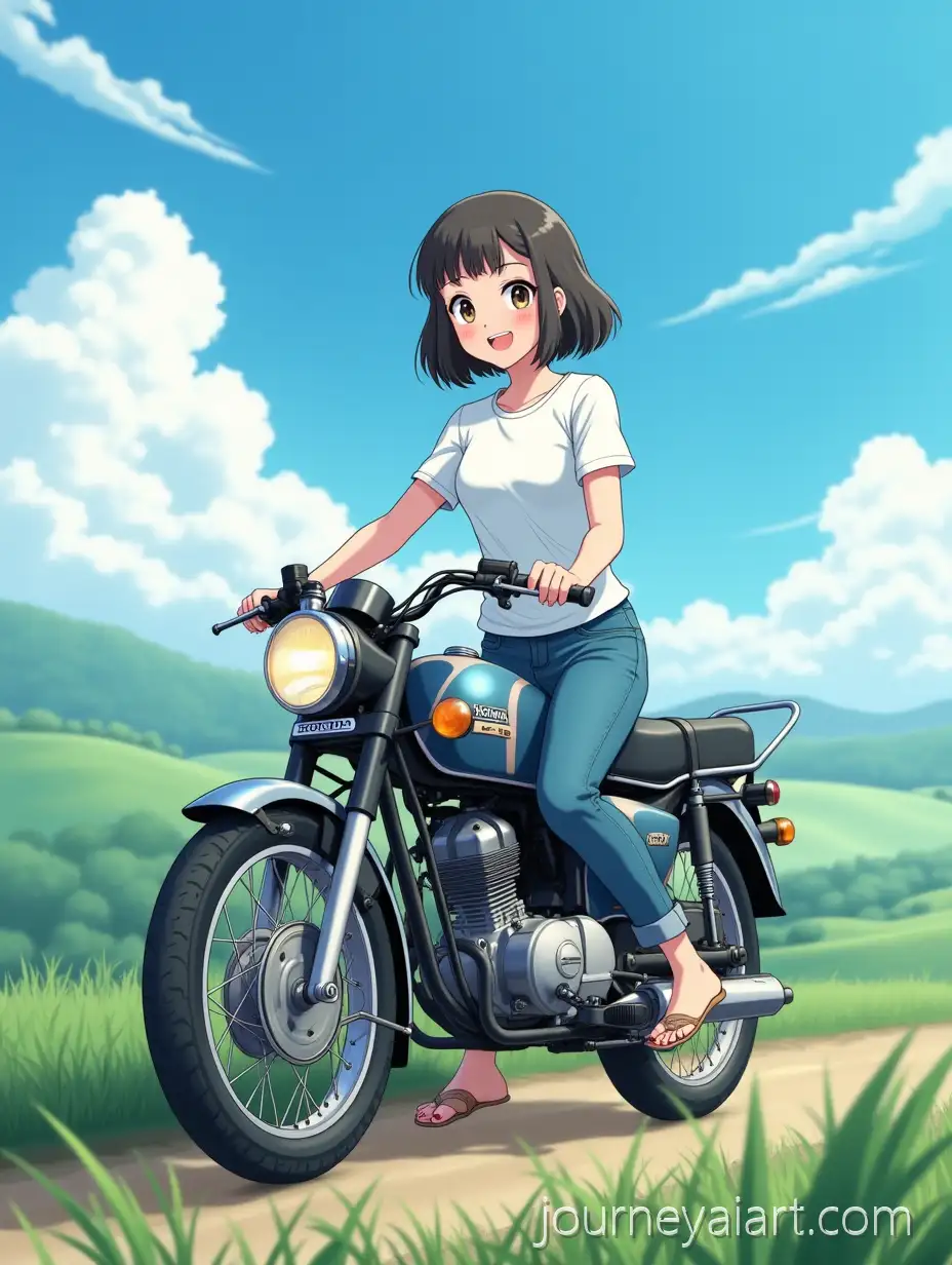 AnimeCute-girl-riding-bike-Girl-Riding-HONDA-Super-Cub-on-Highland-in-Summer-with-Clear-Sky-and-Lenticular-Clouds