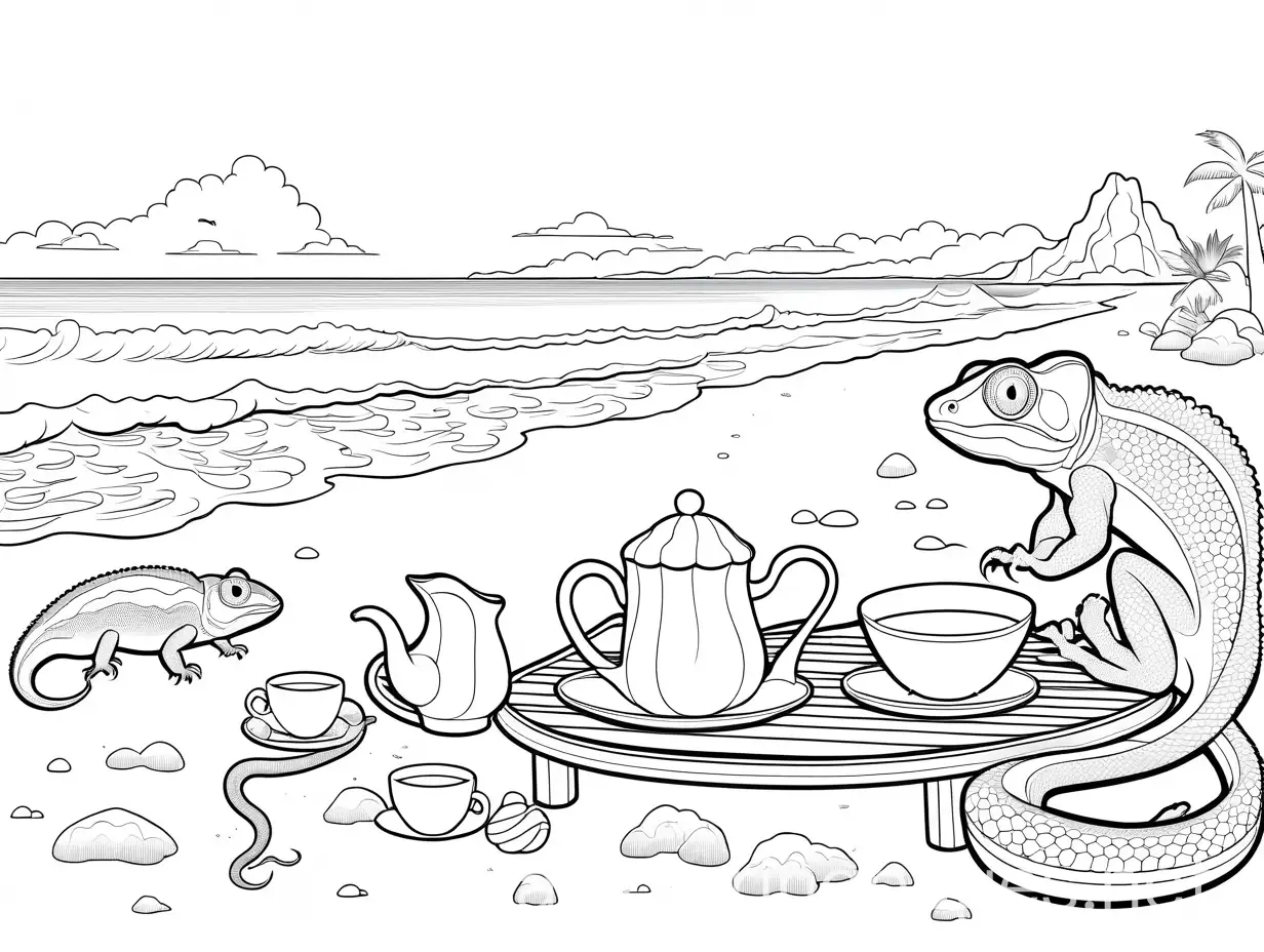 Chameleon and a snake having a tea party on the beach , Coloring Page, black and white, line art, white background, Simplicity, Ample White Space. The background of the coloring page is plain white to make it easy for young children to color within the lines. The outlines of all the subjects are easy to distinguish, making it simple for kids to color without too much difficulty