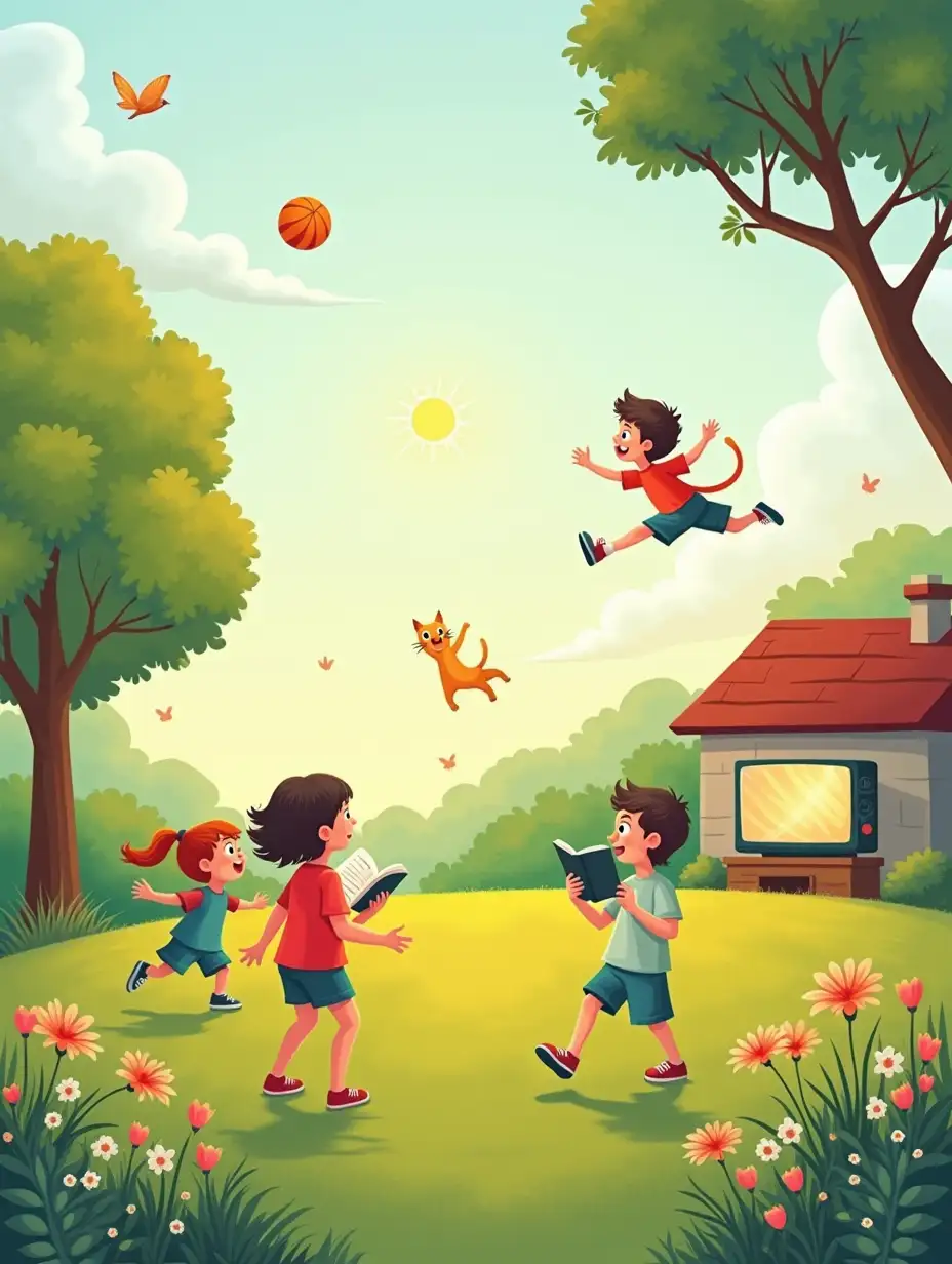 Children are playing ball on the lawn (the ball is flying in the air). A cat jumps after a butterfly (the butterfly is flying around flowers). A boy reads a book under a tree (pages rustle in the wind). A girl watches TV in a house window (TV screen is glowing brightly). In the background: the sun is smiling, clouds are drifting, birds are singing on branches. Style: simple shapes, juicy colors, focus on activity (for example, footprints from jumps, reflections on TV screen, wind movement).