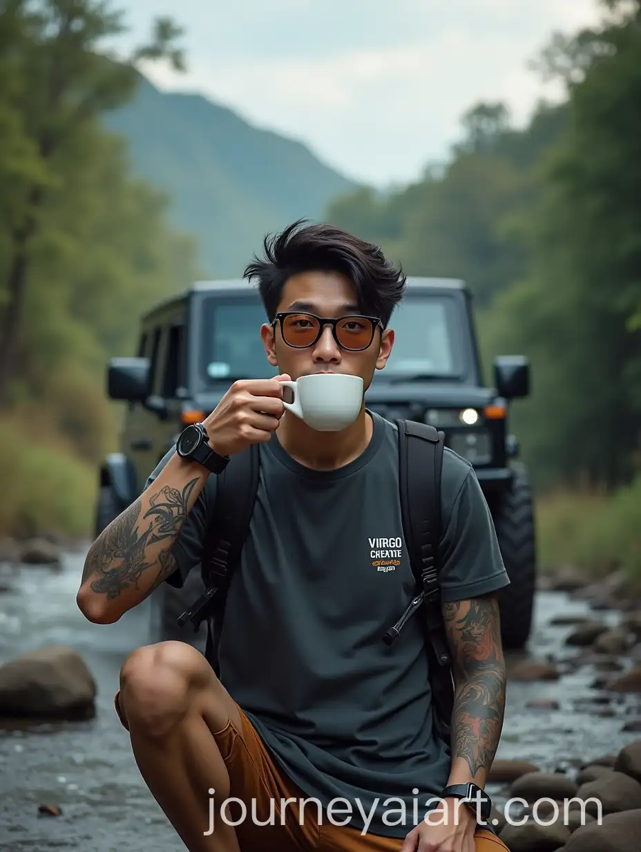 Handsome-Korean-Man-Enjoying-Coffee-in-Indonesian-Wilderness-with-Offroad-Jeep