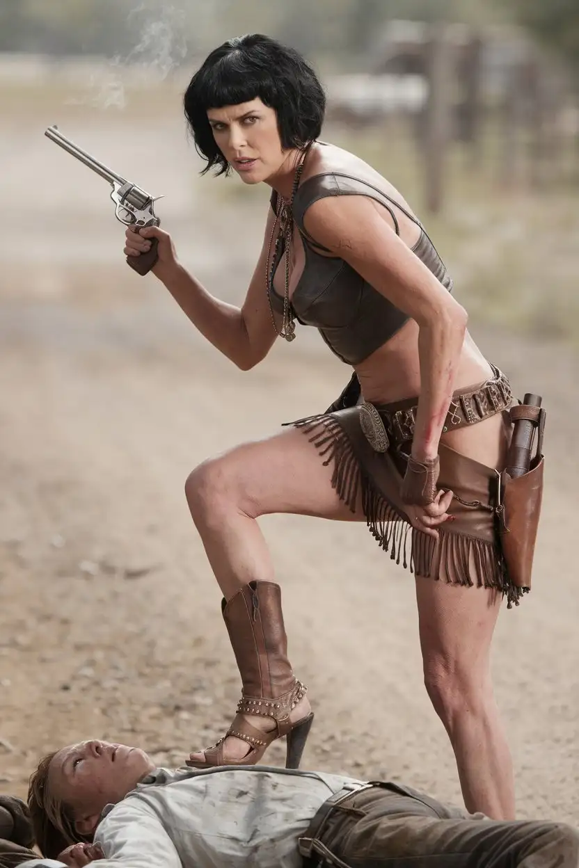 Angry-Aged-Cowgirl-Bandit-in-Wild-West-with-Smoking-Revolver