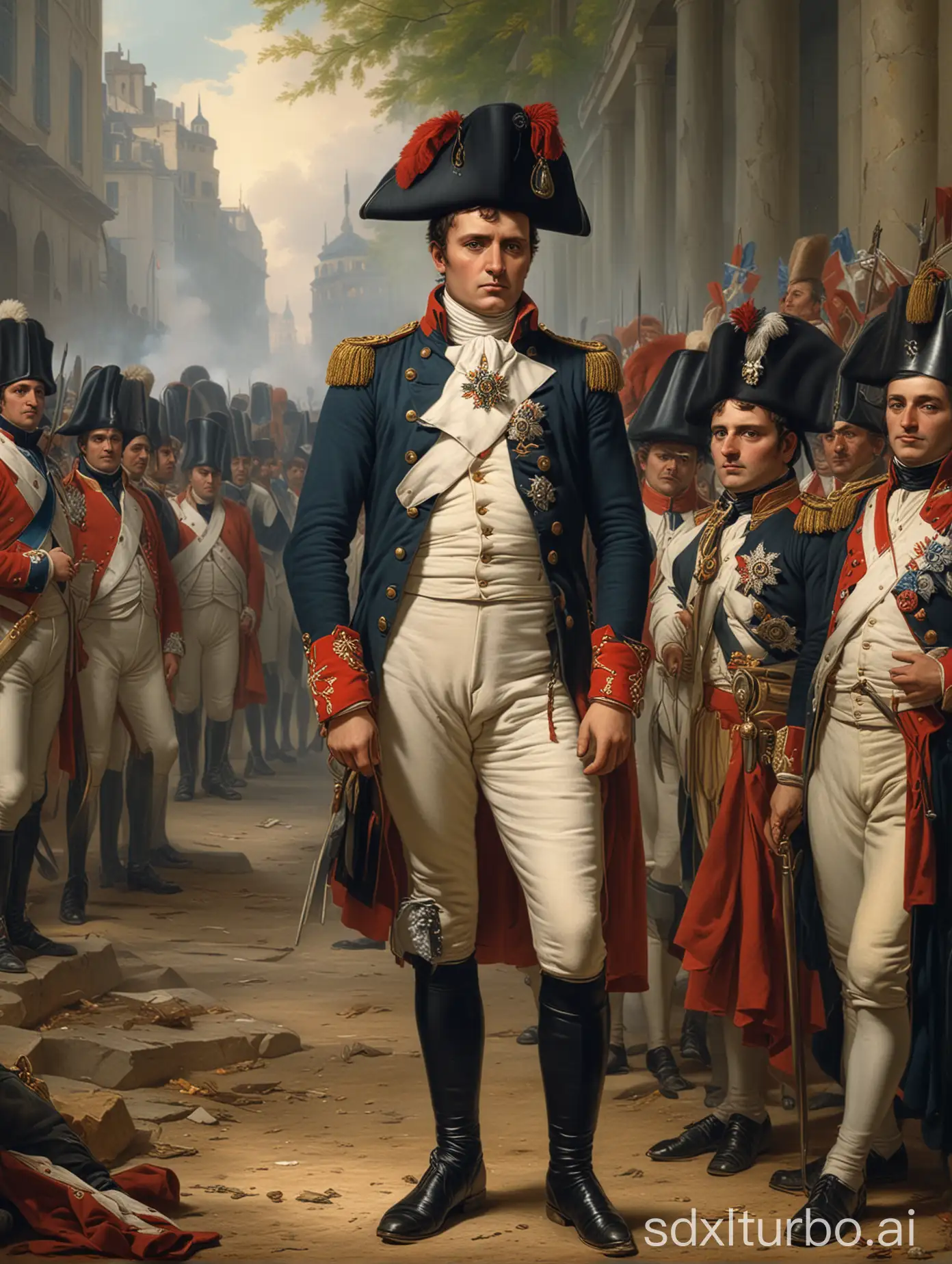 Napoleon Bonaparte standing confidently among a crowd, symbolizing his rise to power