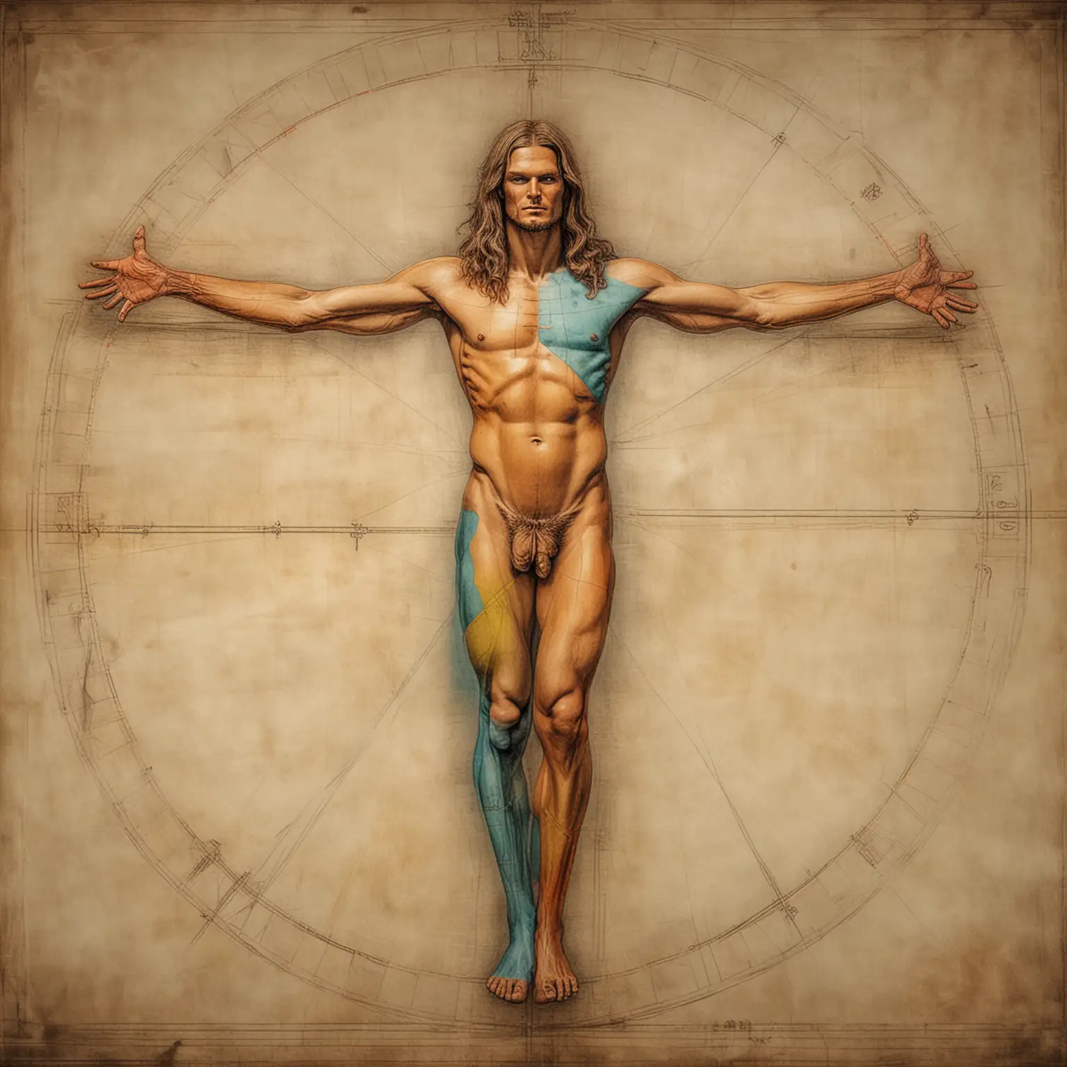 Tom-Brady-Posing-as-Vitruvian-Man-in-Leonardo-Da-Vinci-Style-with-Neo-Pop-Art-Twist