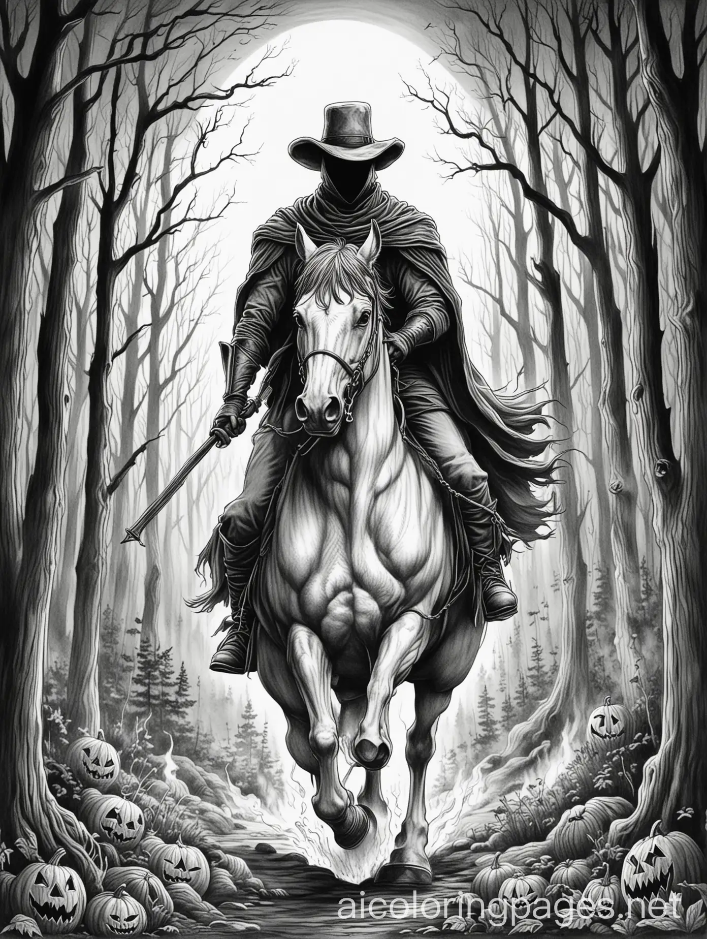 Headless-Horseman-in-a-Dark-Forest-with-a-Flaming-JackoLantern