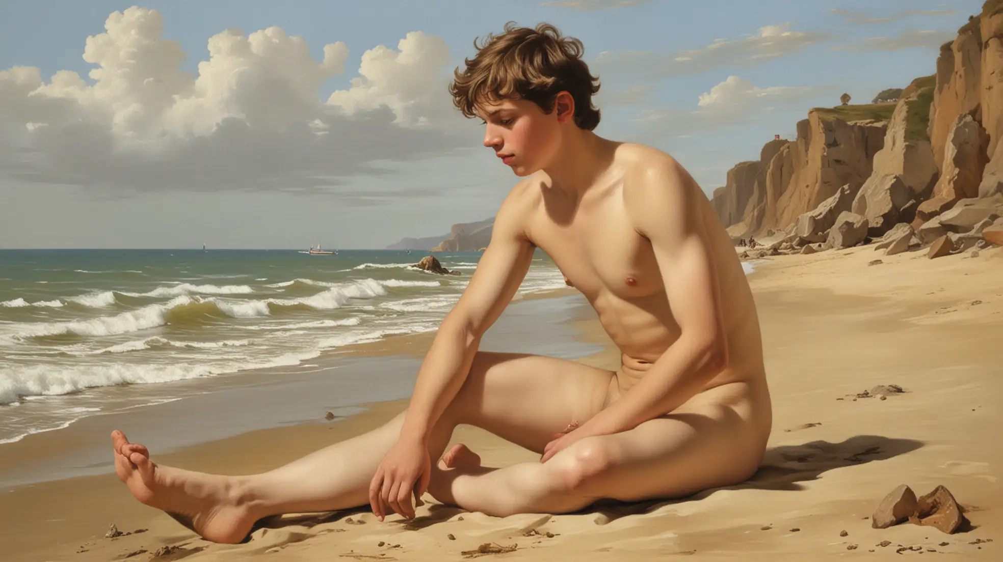 Baroque painting of nude boy on the beach