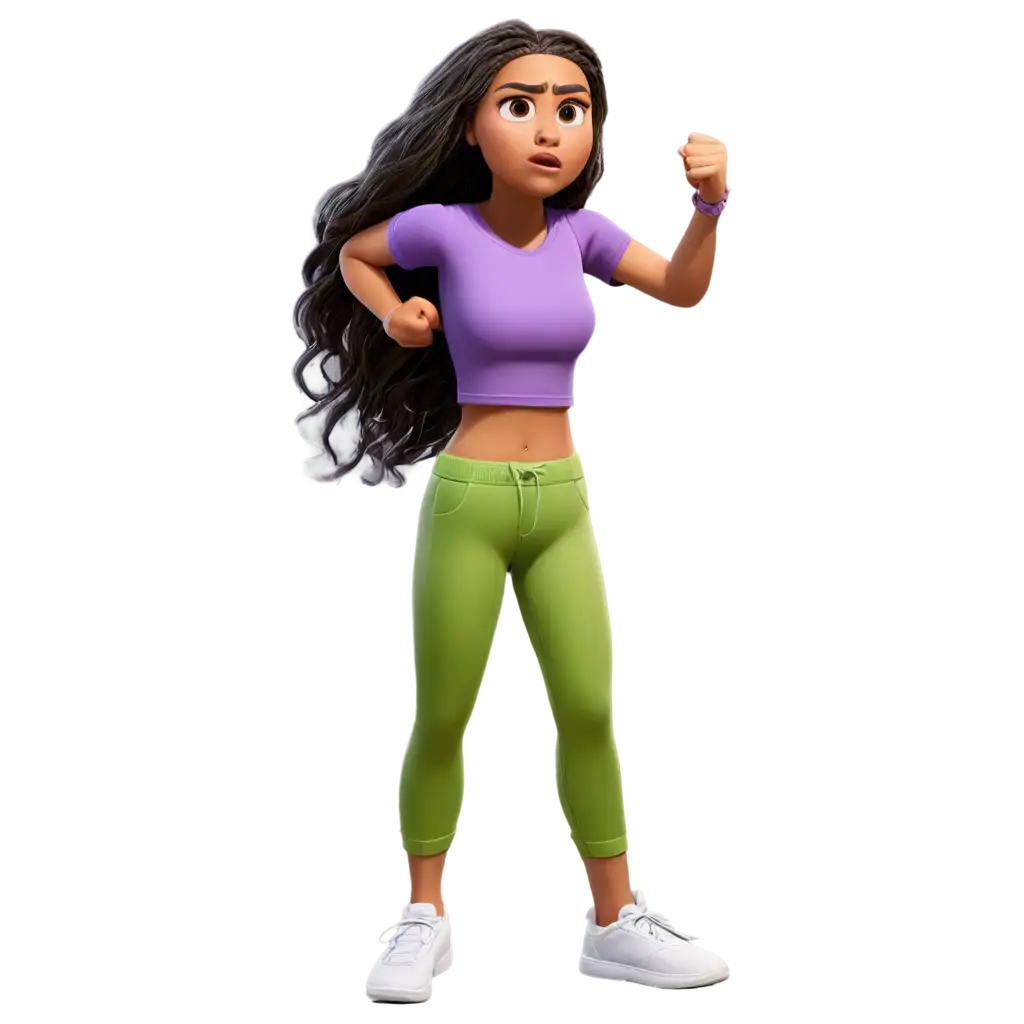 HD-Pixar-Character-PNG-Angry-Young-Lady-in-Crop-Top-Purple-TShirt-and-Bright-Green-Pants-with-Braided-Long-Hair-and-White-Running-Shoes