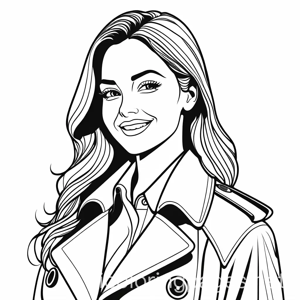 Line art. Woman influencer smiling wearing a trench coat, Coloring Page, black and white, line art, white background, Simplicity, Ample White Space. The background of the coloring page is plain white to make it easy for young children to color within the lines. The outlines of all the subjects are easy to distinguish, making it simple for kids to color without too much difficulty