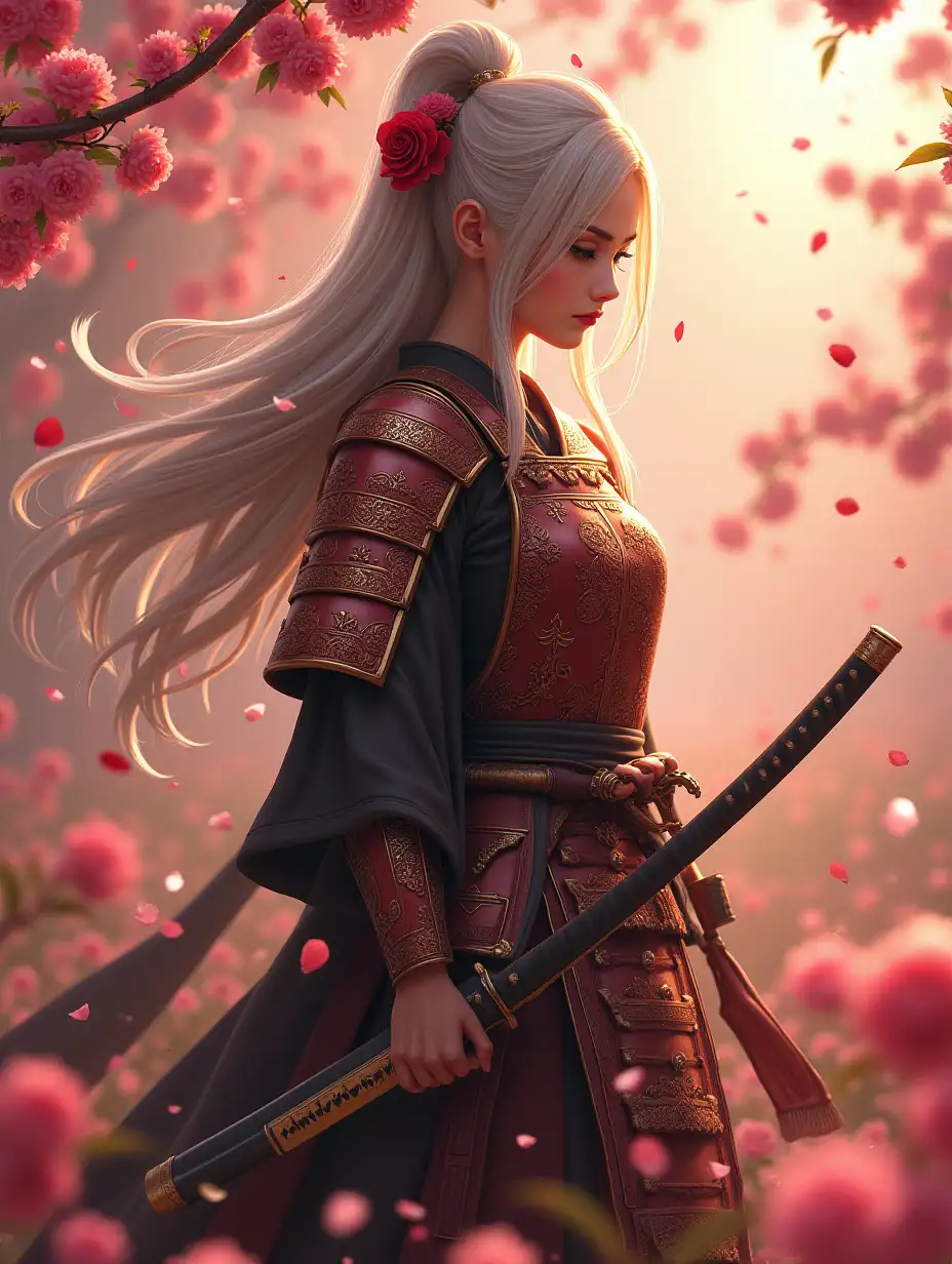 A female ronin in ornate samurai armor stands amidst a field of blooming cherry blossoms. Her long, flowing hair is adorned with small rose petals, carried by a gentle breeze. At her side, a large katana decorated with intricate engravings of roses rests against her leg. The sunlight filters through the petals, casting a warm, golden glow over the scene, enhancing the romantic yet powerful atmosphere.