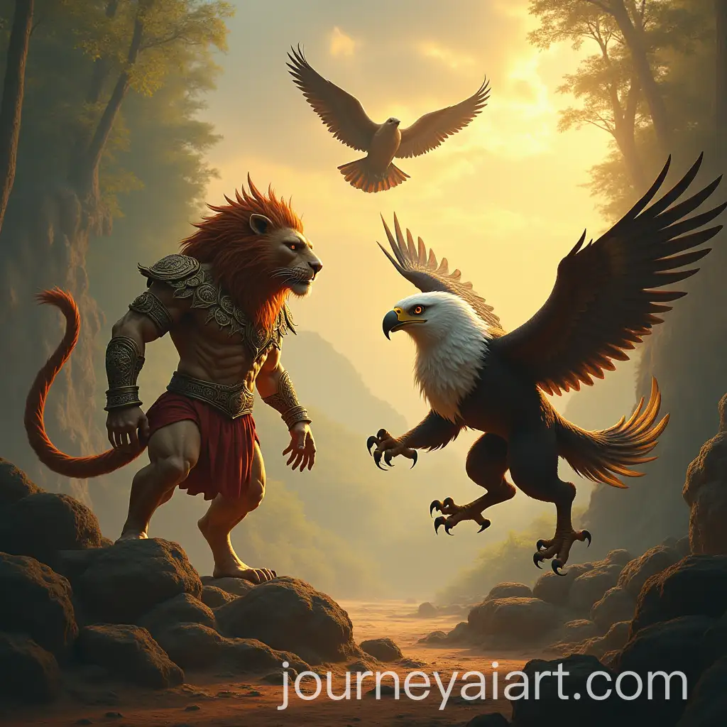 Epic-Battle-Between-Chinthe-and-Garuda-in-a-Mythical-Landscape