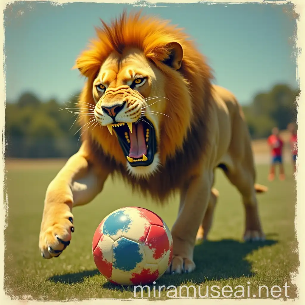 Angry Lion Roaring Across Soccer Field with Red and Blue Patch Soccer Ball