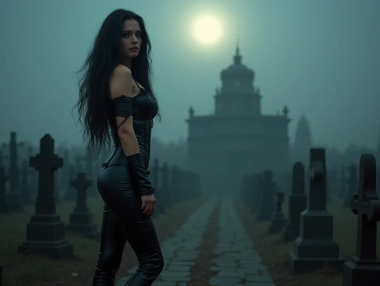 A striking woman with impossibly long, flowing black hair stands at the edge of a graveyard that seems to stretch into eternity. She wears an all-black leather ensemble—tight corset, form-fitting pants, high-heeled boots—that gleams under the pale light of the full moon. Her expression is intoxicatingly alluring, her eyes locked onto the viewer with an intense, hypnotic gaze. Her lips curl into a wicked, teasing smile The graveyard behind her twists into an endless, eerie maze of tombstones and crypts, shrouded in thick, curling fog.