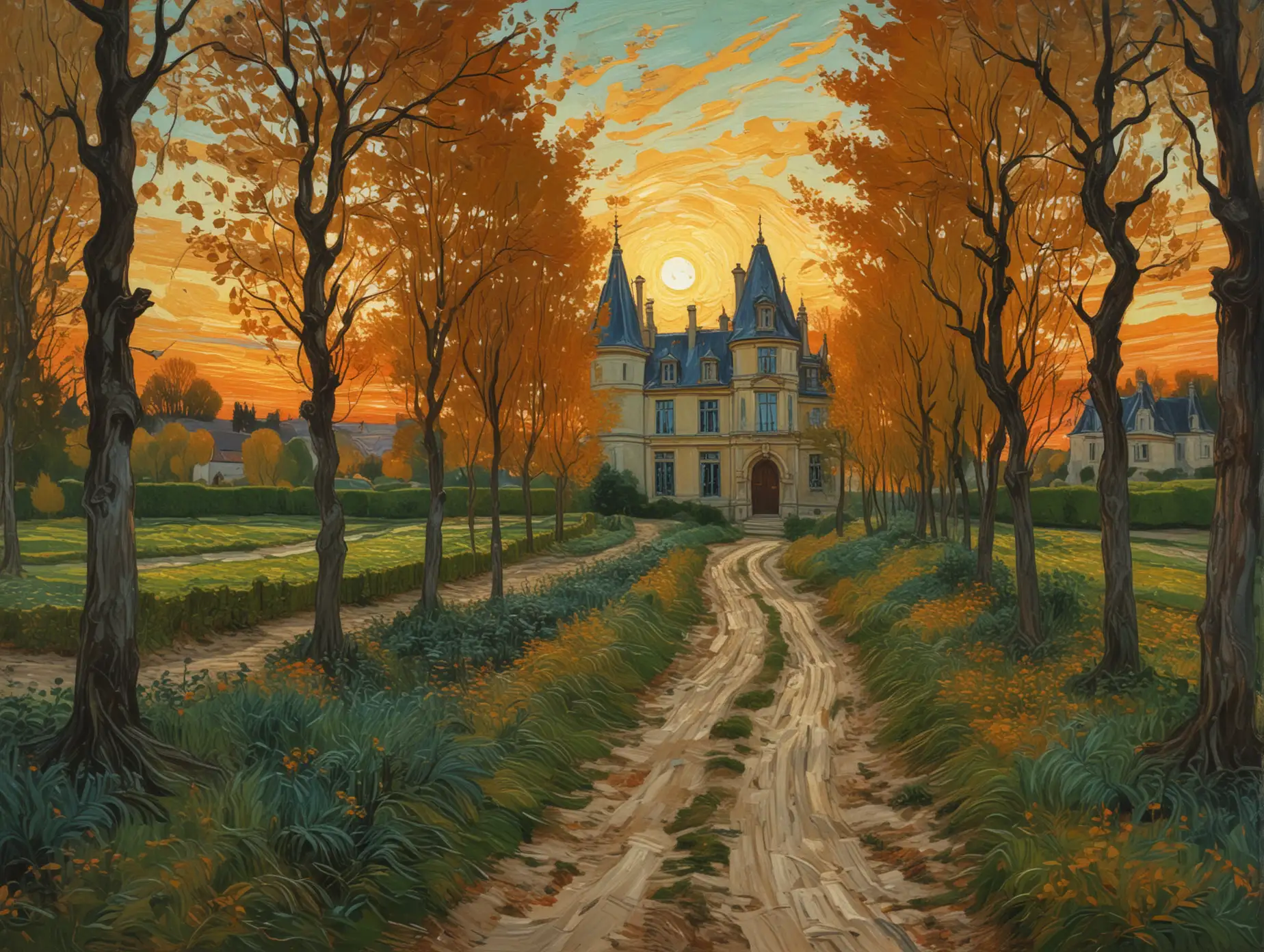 Sunset-Serenity-Chateau-in-Auvers-Captured-in-Vibrant-PostImpressionist-Style