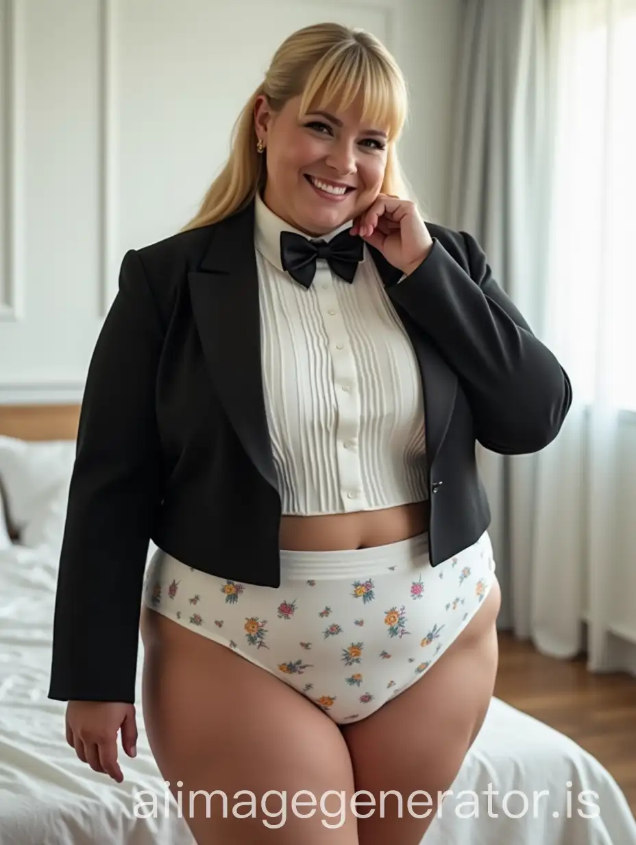 Caucasian-Woman-in-Formal-Orchestra-Tuxedo-in-White-Bedroom